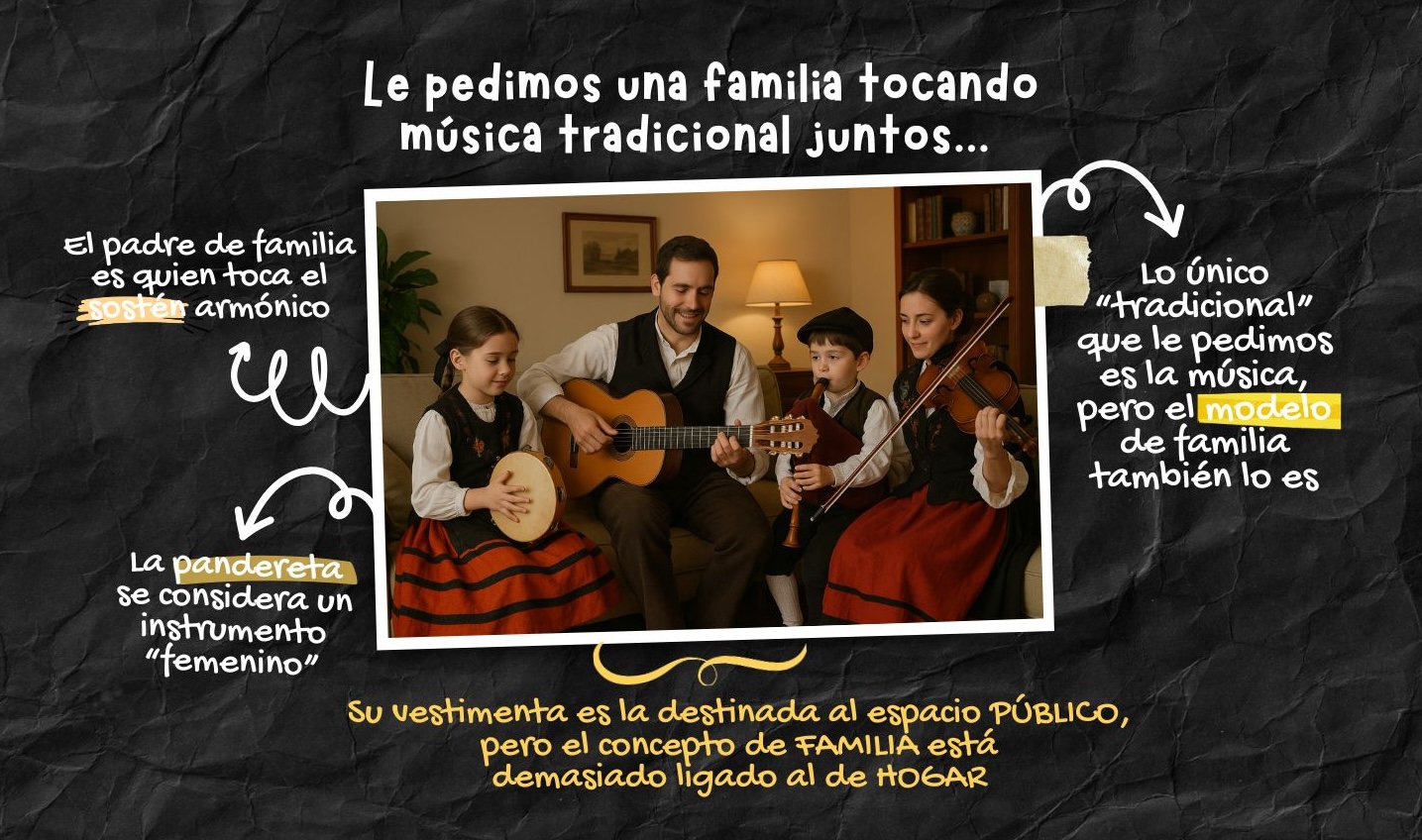 Infografía sobre sesgos de IA en representaciones de la familia y música