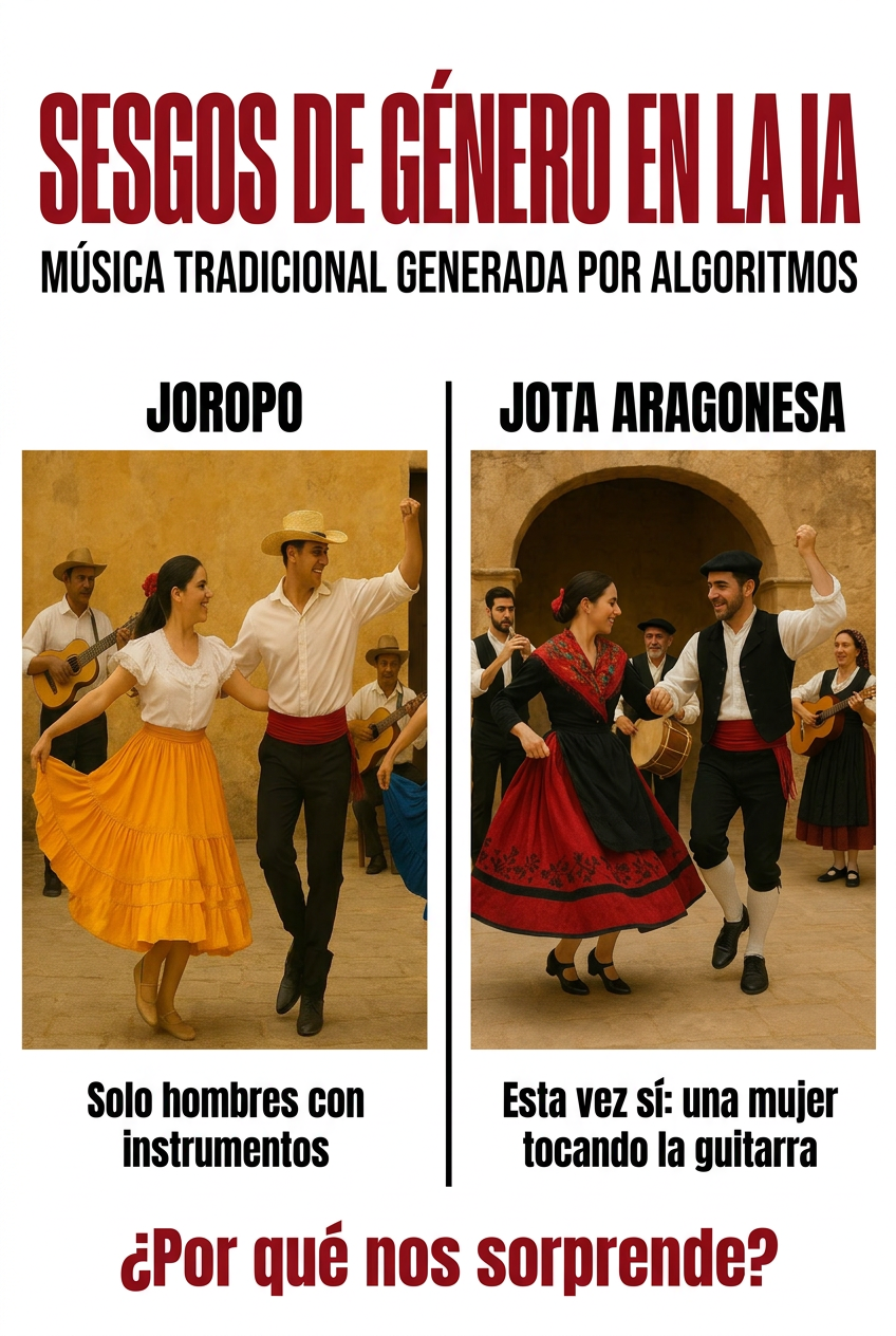 Infografía sobre sesgos de IA en la jota española y el joropo venezolano-colombiano